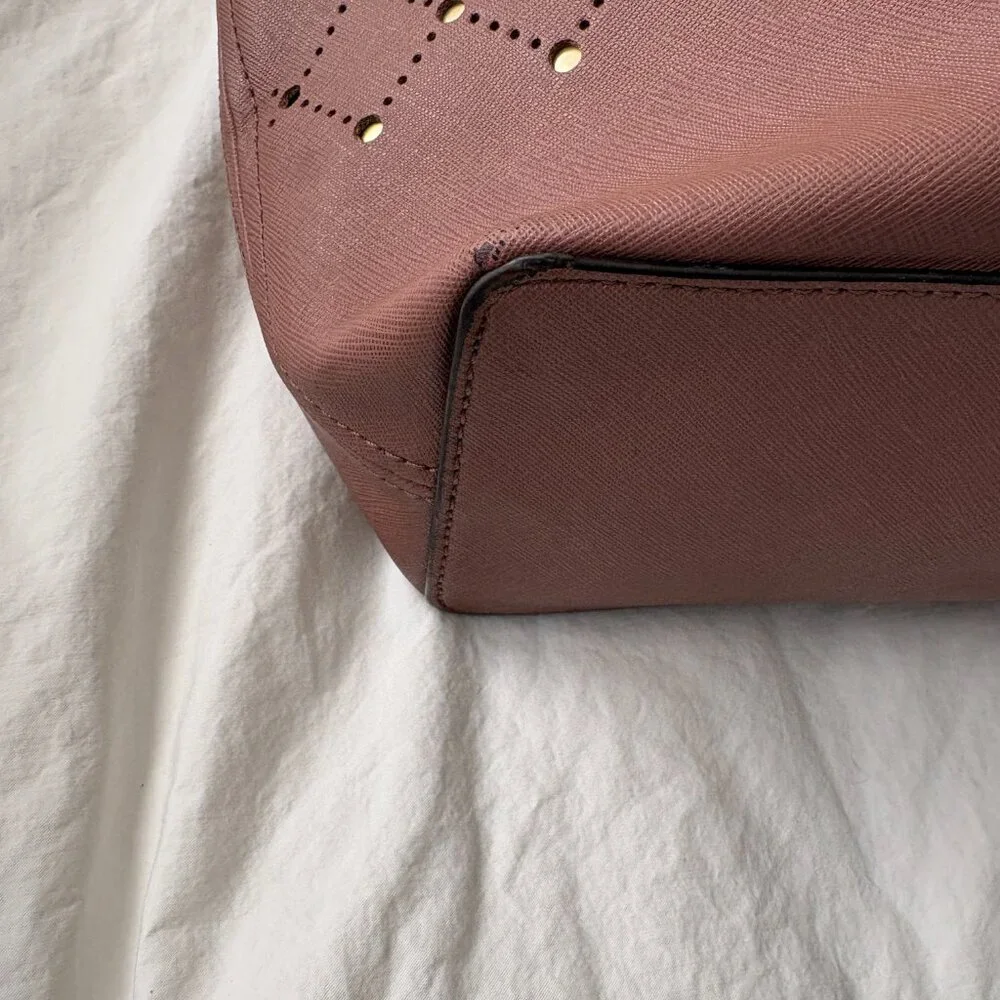 Michael Kors Dusty Rose Perforated Gold Saffiano Leather Corporate Chic Tote